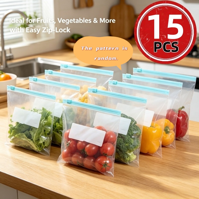 TEMU 15pcs Large Reusable Zippered Storage Bags With Random Patterns, Food Classification Storage Bags, Refrigerator , Kitchen Essential Sealed Bags,