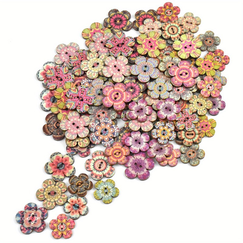 

100pcs Vintage Floral Print Wooden Buttons, , Mixed Sizes 2/2.4cm - Ideal For Sewing, Crafts & Scrapbooking