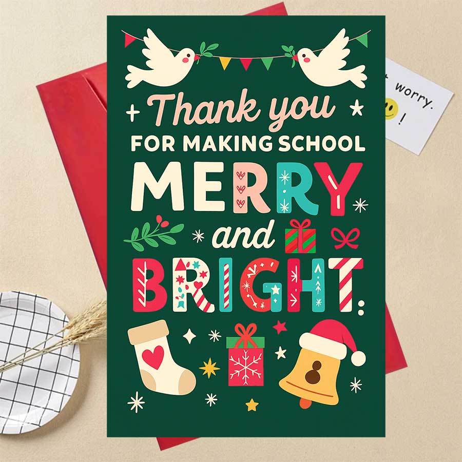 TEMU A Christmas Card For Teachers Featuring -themed Thank You Message - Colorful Classroom Icons (doves, Books, Pencils) And A " And Bright" Design,
