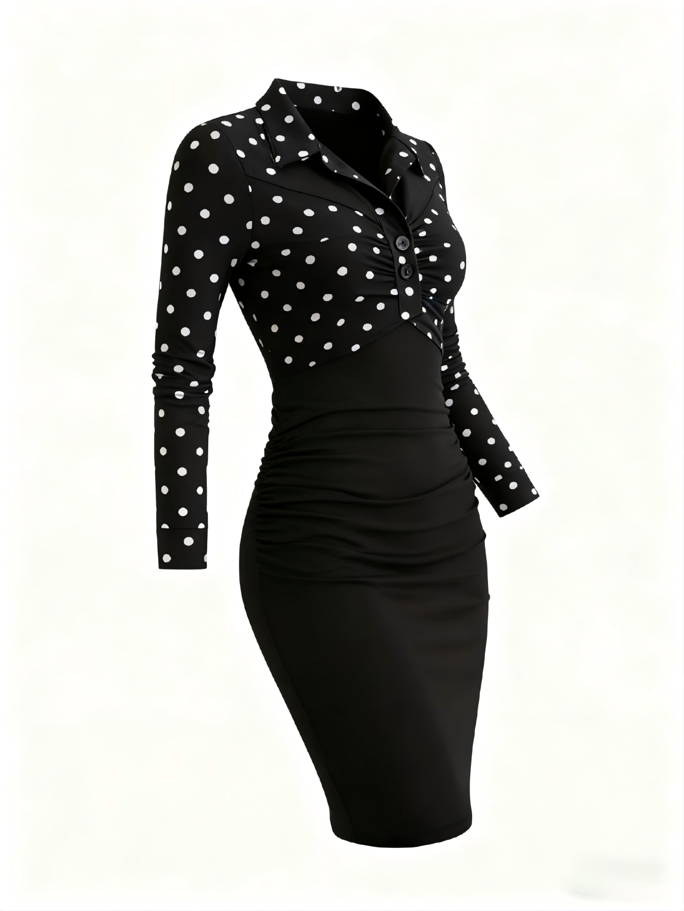 Women's Fitted Long-Sleeve Dress with Black and White Polka Dot Collar, Vintage Style