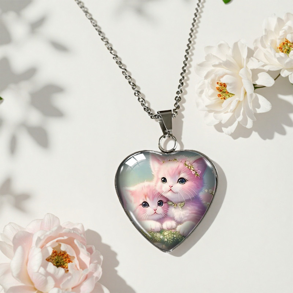 Cute Pink Cat Heart-Shaped Glass Pendant Necklace