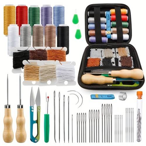 imagen del artículo kit de costura de cuero, agujas de cuero para costura a , kit de reparación de tapicería de costura resistente, hilo encerado, agujas de costura de ojo para alfombras, botas, zapatos, lona, sofá