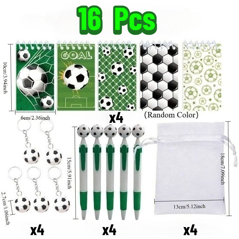 TEMU Gift For Her/him 16pcs Set, 4 Football-themed Stationery Mini Gift Packs, Including 4 Pocket Notebooks, 4 Football Keychains, 4 Football Pens,