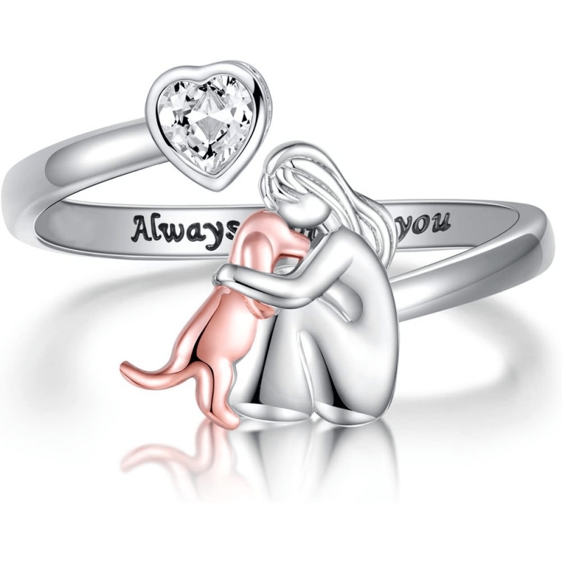 TEMU Elegant Zirconia Heart Open Adjustable Ring | Fashion 2 Tone Pet Dog Ring, Gift For Pet Lovers, Women, Daily Party, Cute Animal Design,