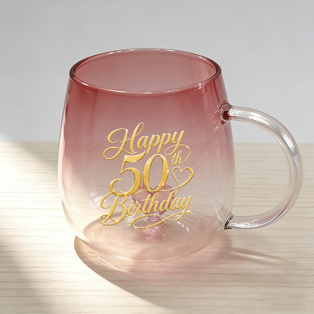 TEMU 50th Birthday Mug With Heart Balloon & Rim - Elegant Blue Gradient Clear Glass Cup Suitable For Coffee, Tea, Gifts For Women, Men, Mom, Dad,