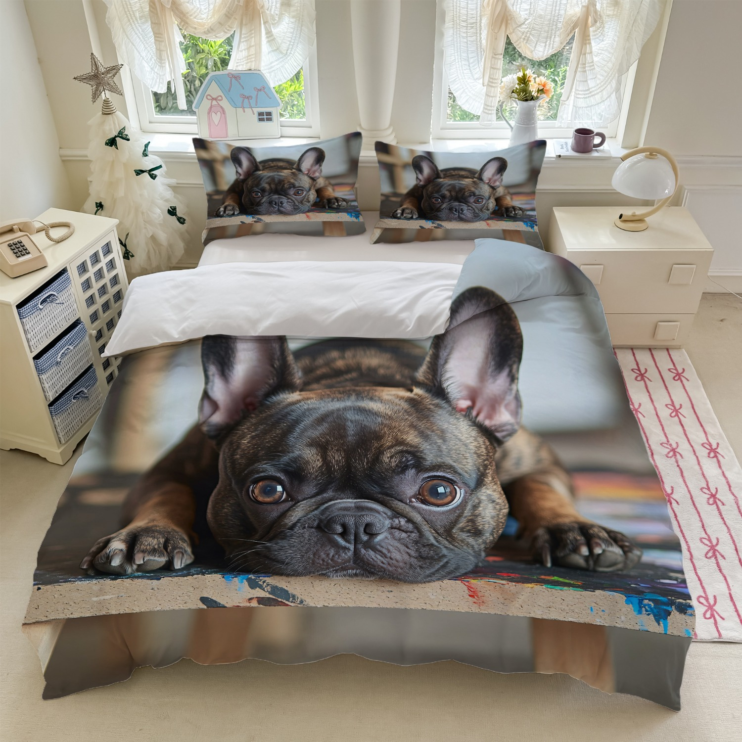 TEMU 3pcs French Bulldog Print Bedding Set - Brown   Print (1duvet Cover   2pillowcases, Without Core) For Bedroom