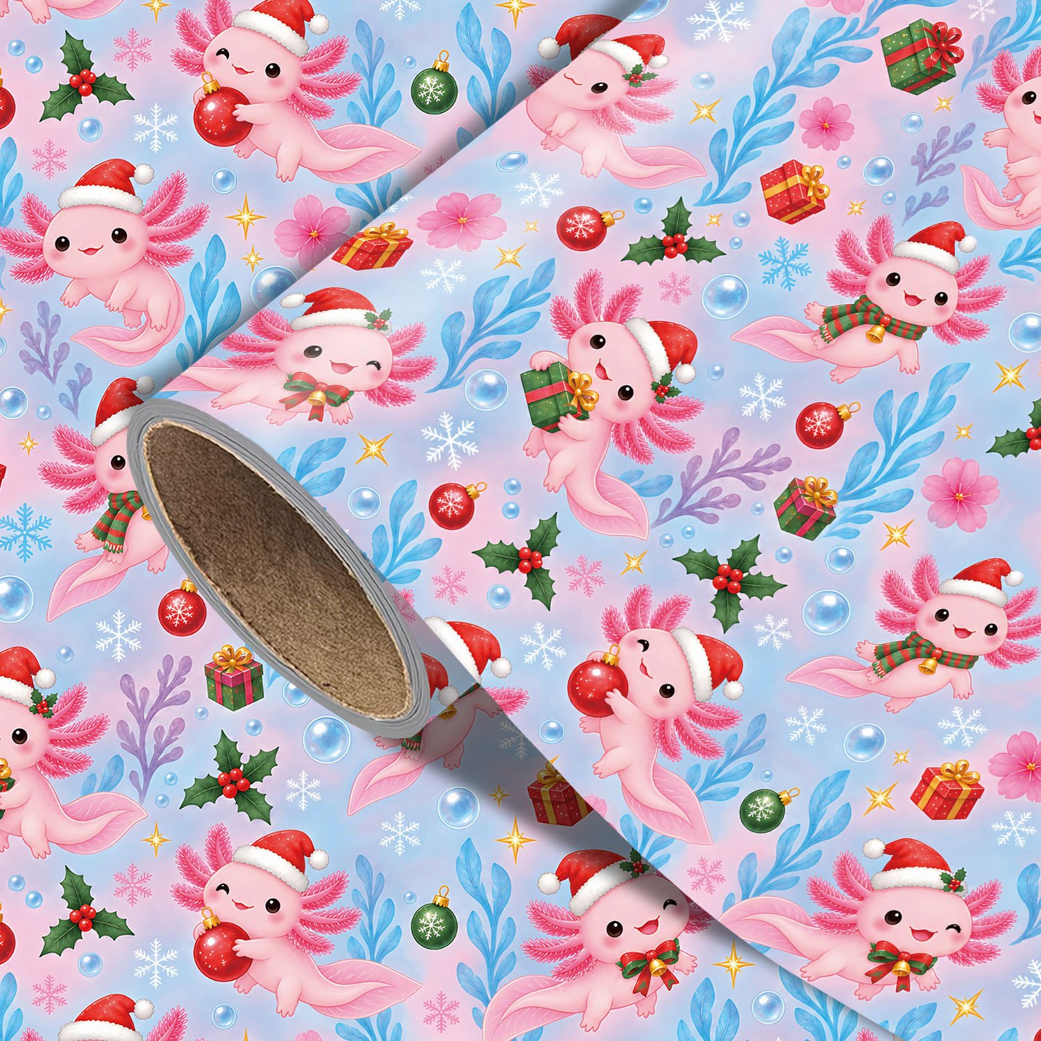 TEMU Roll Cute Pink Axolotl Wrapping Paper Suitable For Xmas Gifts, Birthday Party Decorations - Single-sided Sheets With Pink Axolotls, Santa Hats &