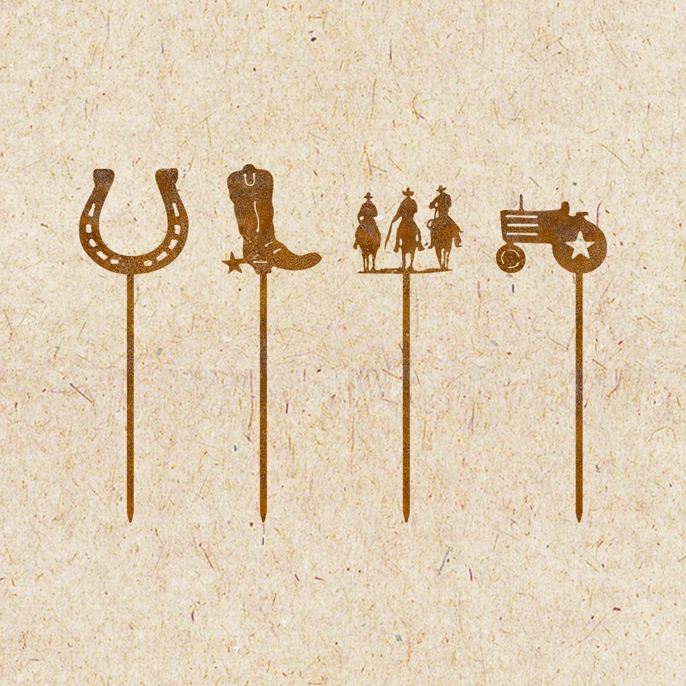 TEMU [2d Flat] 4pcs Rustic Western Cactus, Boot Tractor Horseshoe Horse Riding Rusty Metal Garden, Suitable For Patios, , And Patios And Gardens,