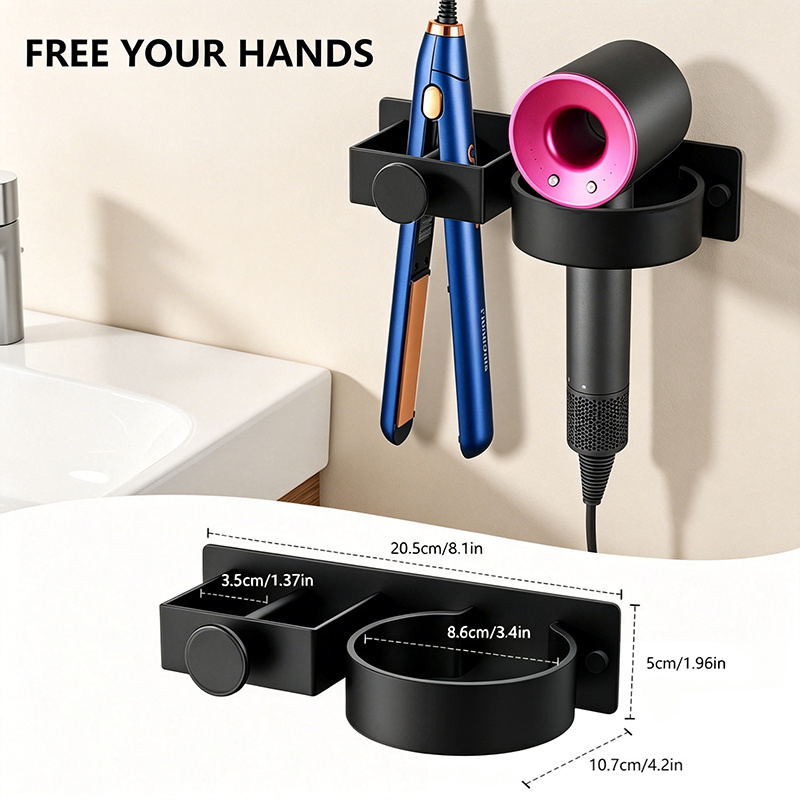 TEMU Wall-mounted Hair Dryer Holder, Flat Stand With Plug And Power , Metal Hair Styling Tool Storage Rack And Curling Stand, Suitable For Bathrooms