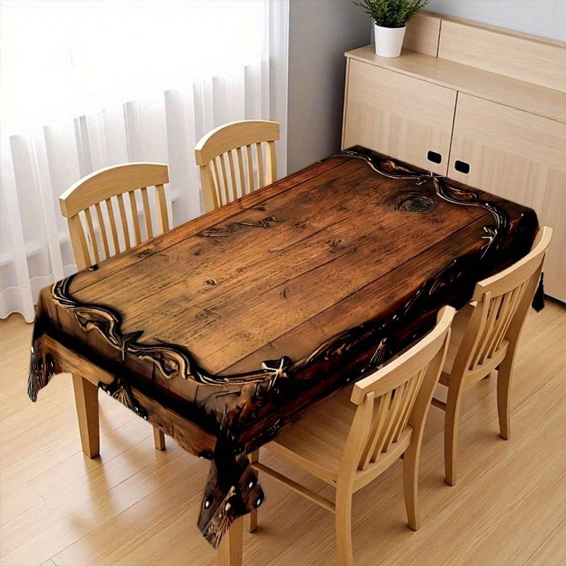 TEMU 1pc 2d Plane Printing Fashion Retro Wood Grain Carved Pattern Tablecloth, Durable Material, Machine Washable Care, Tablecloth, Dining Table
