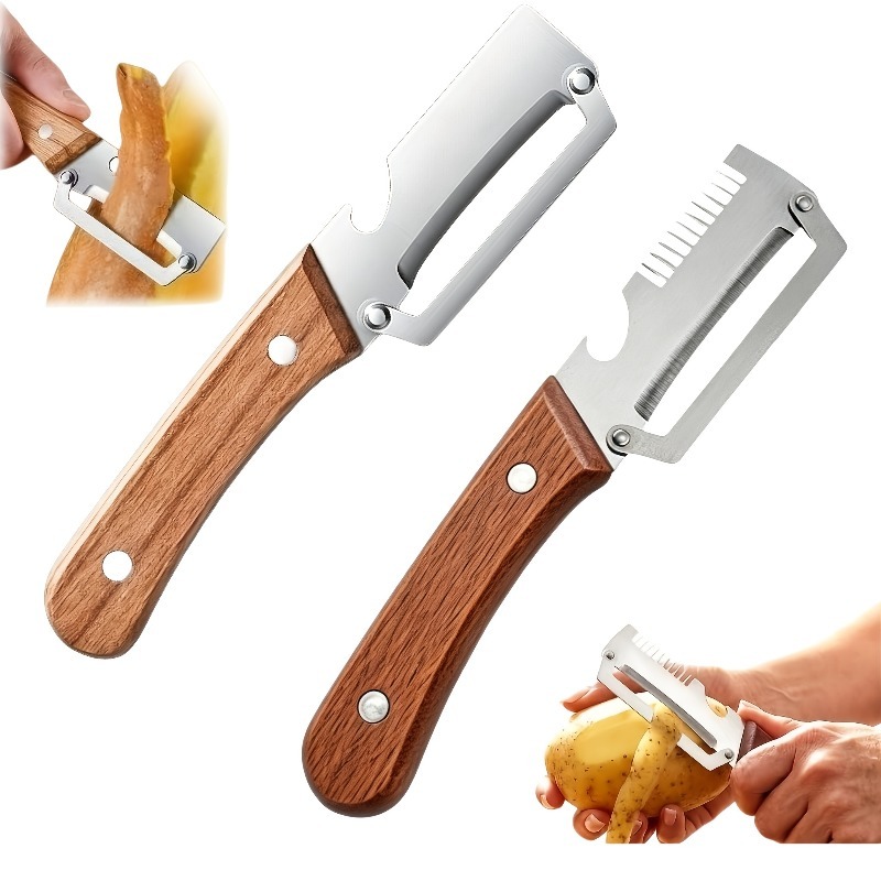 2pcs heavy duty stainless steel peeler and slicer set featuring a bottle opener and straight blade design suitable for   fruits and vegetables a versatile and durable peeling tool and vegetable slicer ideal for parties and picnics details 1
