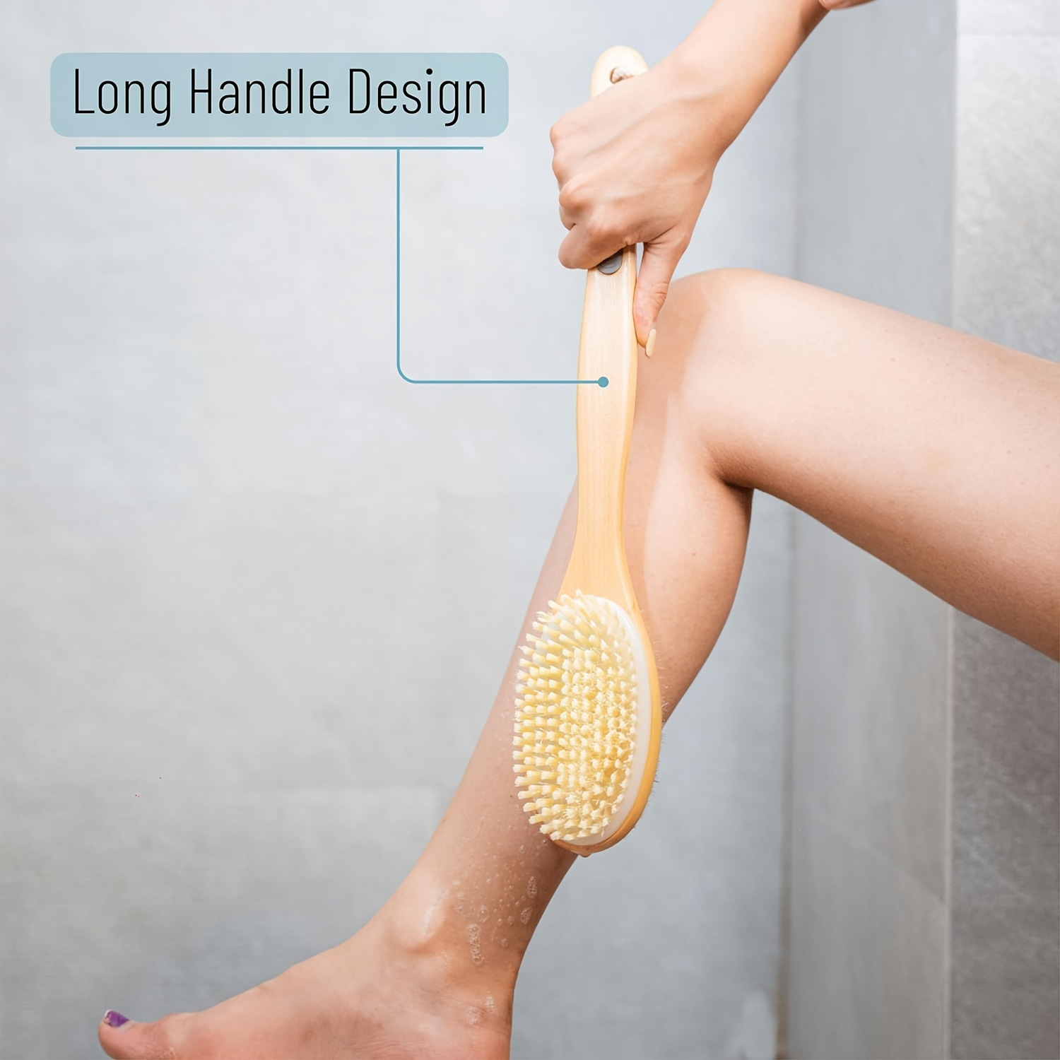 dual sided bath brush with a long handle brown bristle body scrubber removes dead skin     cleanses non absorbent suitable for lotion application no power required   in all   Product details 7