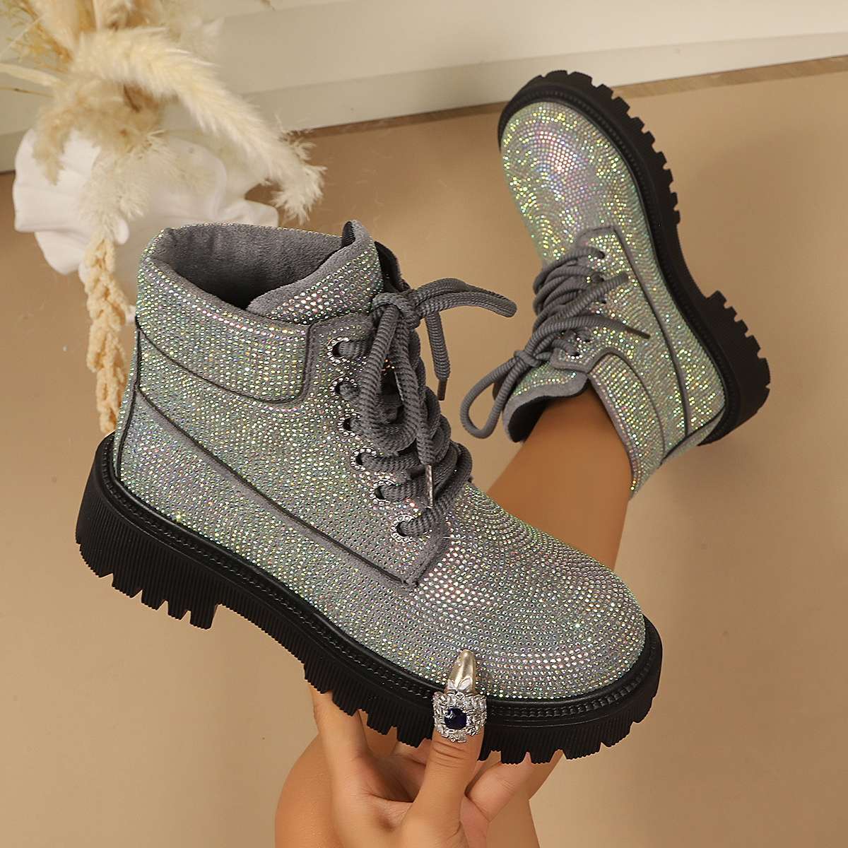 TEMU Women's Dress Shoes Boots Women's Boots Rhinestone Embellished Lace-up Style Thick Sole Chunky Heel Short Boots High Quality Women's Shoes