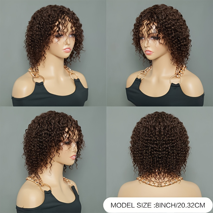 #2 Brown Colored Curly Wave Wig With Bangs Curly Wig With Bangs Human Hair Full Machine Made No Lace Wig For Women