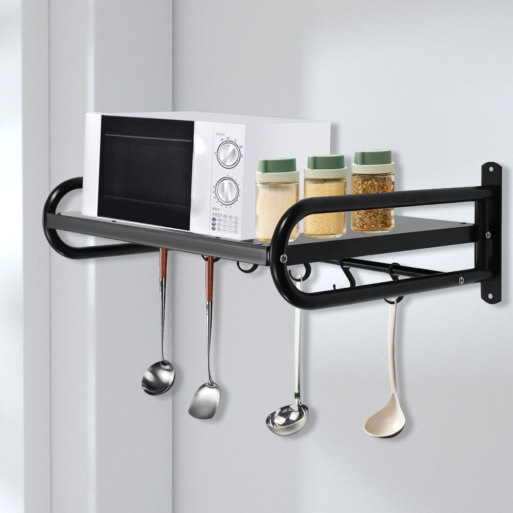 TEMU Kitchen Pan Pot Rack Wall Mounted Hanging Storage Organizer Shelf 53cm Black Single-layer Microwave Oven Rack (with 6 Hooks)