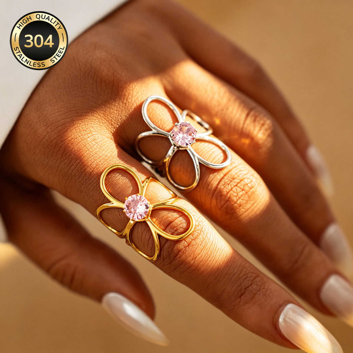 Women's 18K Gold Plated Zirconia Floral Stainless Steel Ring