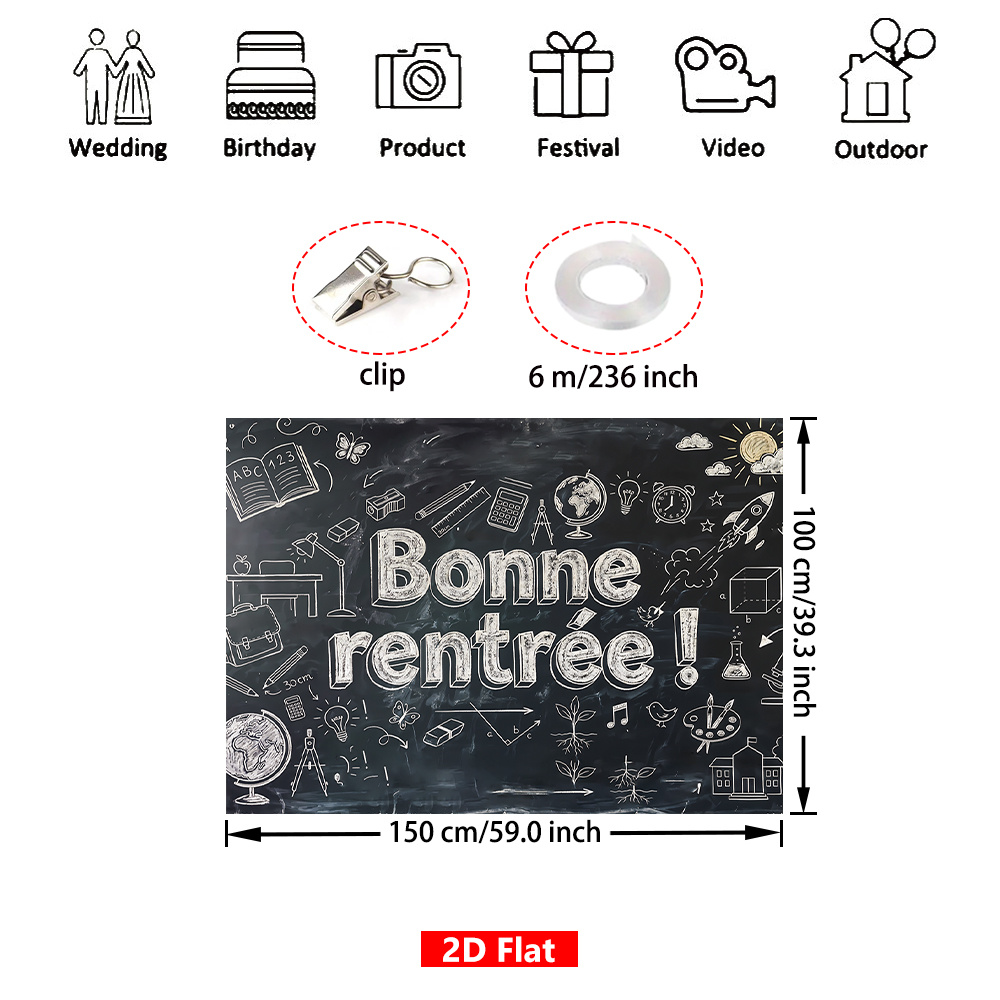 TEMU Bannière de fond français 2D plate - [2D Plate] 1pc, pour la rentrée scolaire, polyester, de noir dessinés à , enseigne sur le thème de la