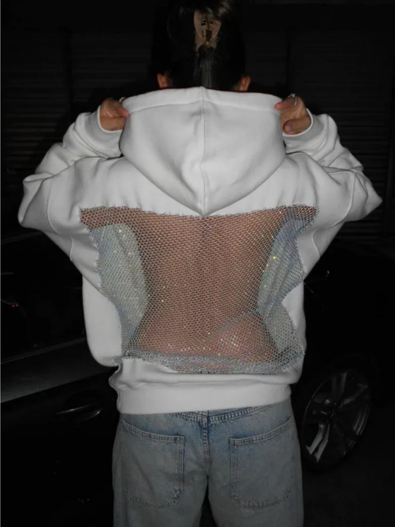 Women'S Backless Mesh Hooded Sweatshirt | Geometric-Pattern Winter Warm Pullover | Casual Loose Fit Layer | Fuyule Brand, Regular Fit, Long Sleeve