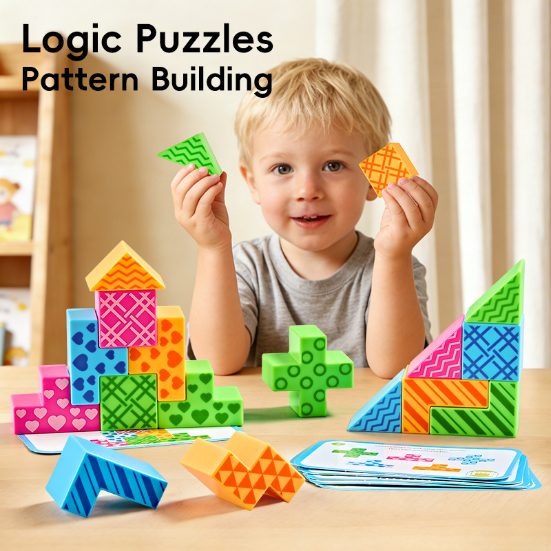 item picture 31pcs 1set childrens 3d   puzzle block set an educational and intellectually stimulating building toy that     and features   colored geometric shapes suitable for   boys and girls 24 blocks 6 cards