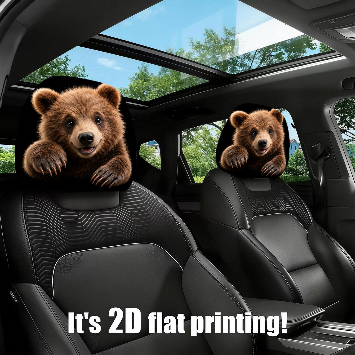 TEMU 2pcs Modern Cute Brown Bear Print Car Headrest Covers, Fun Automotive Interior Decor Additions, Universal Fit For Models And , Neck Support