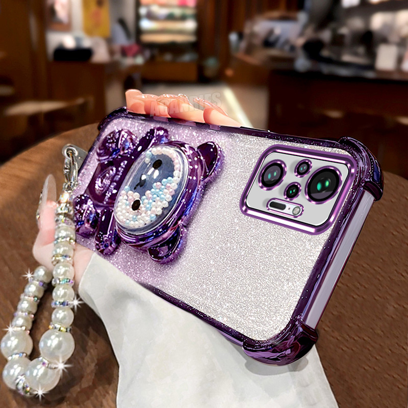 TEMU Phone Case - Cute Phone Case With Glitter Lanyard Chain Wrist Strap, Featuring A Quicksand Bead Bear Bracket And A Folding Stand Holder. This