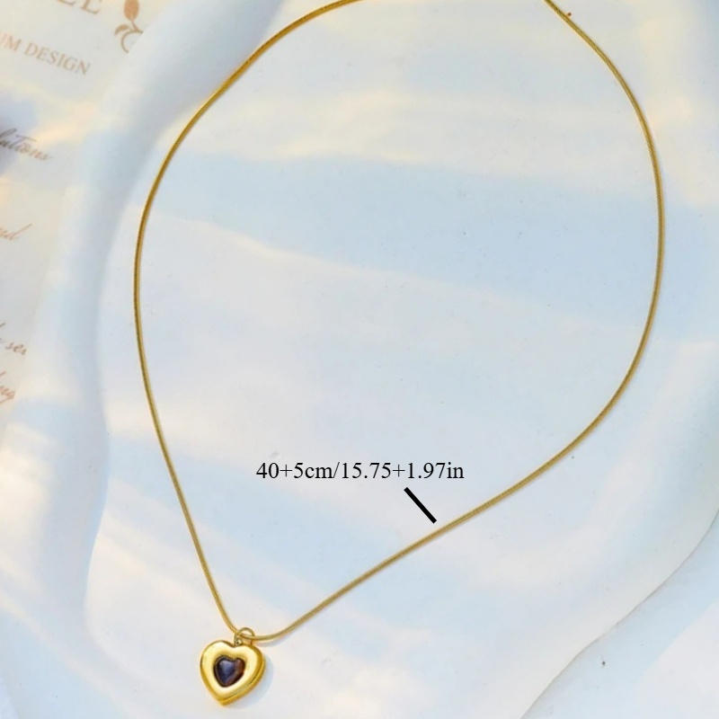 Women's Heart Pendant Necklace, Black Inlaid Heart Snake Chain