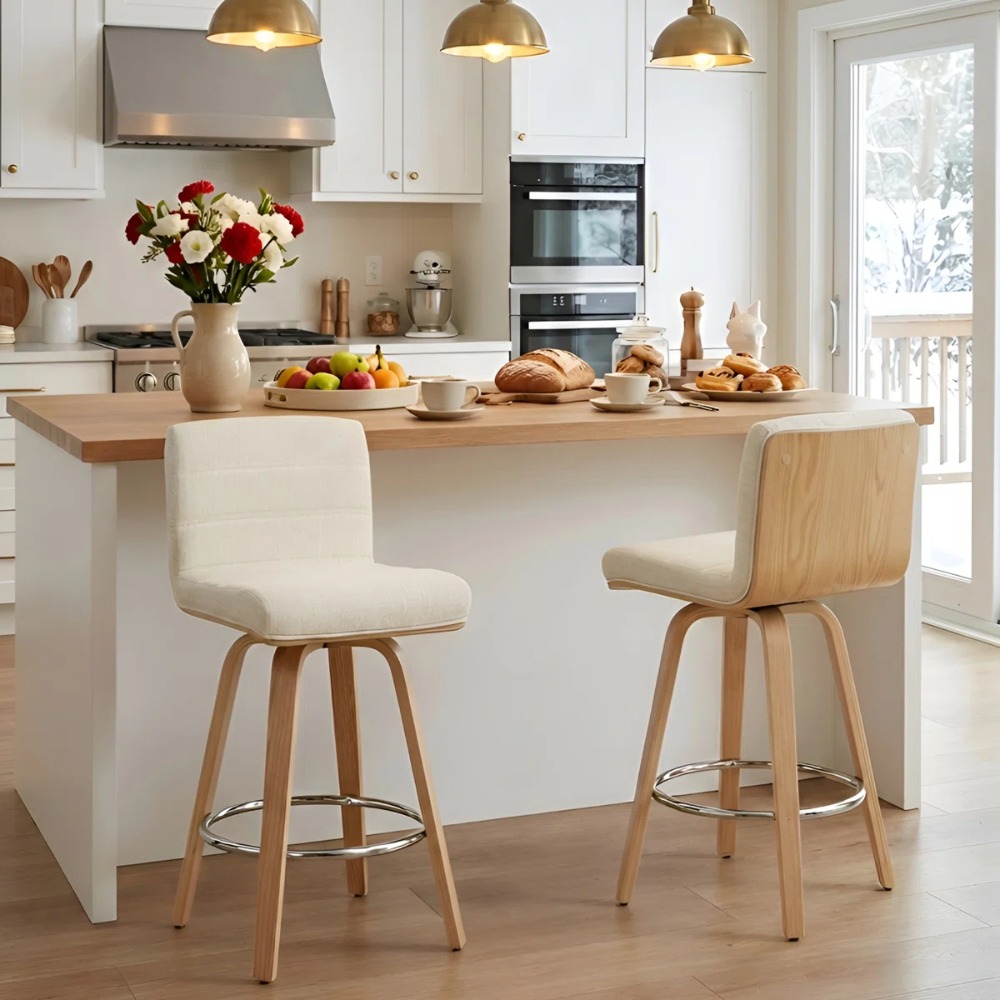 Pair of Contemporary Bar Stools Featuring Backs, Rotating Counter-Height Design, Upholstered Fabric for Kitchen Islands, Sturdy Wooden Legs, Ideal for Home Kitchens And Pubs