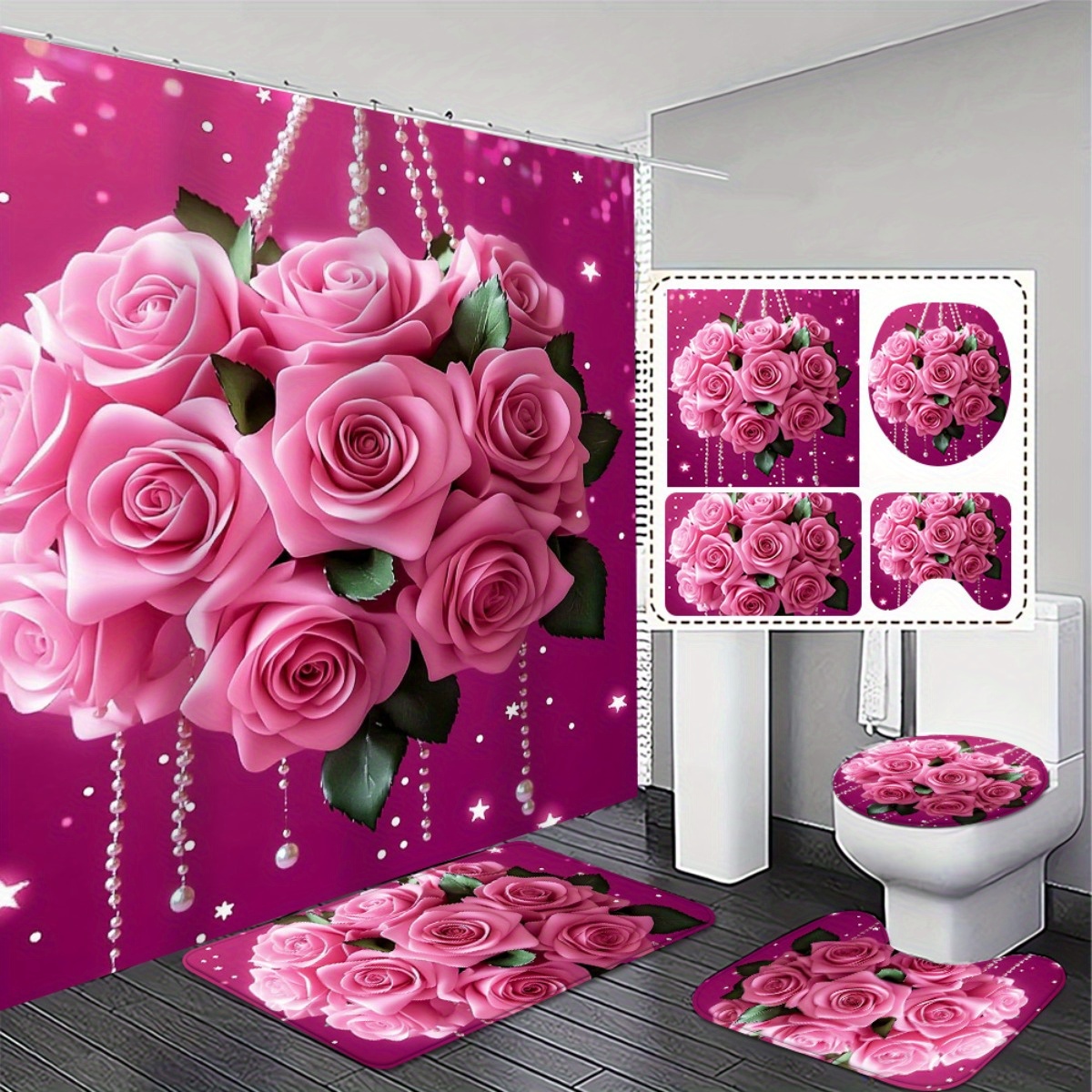 TEMU 4pcs. Elegant Pink Rose Bathroom Set - 2d Flat Printing Shower Curtain, Non-slip Rugs, And Toilet Lid Cover - With 12 Hooks. Perfect Gift For
