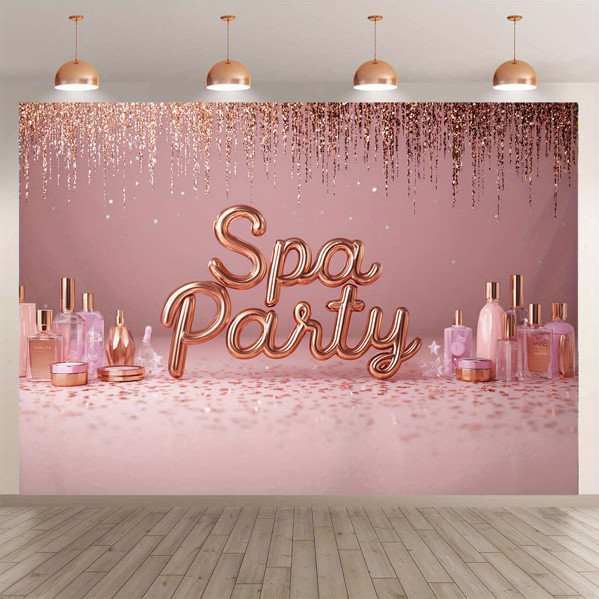 1   spa feestachtergrond - glitterige   bloemen, elegante  n & cosmetische flessen decoratie - zelfstandige achtergrond voor verjaardag, bruiloft,  , bedrijfsevenementen -   elektriciteit  , makkelijk op te zetten luxe spa thema decoratie, spa party be dheden, luxueus ontwerp stof