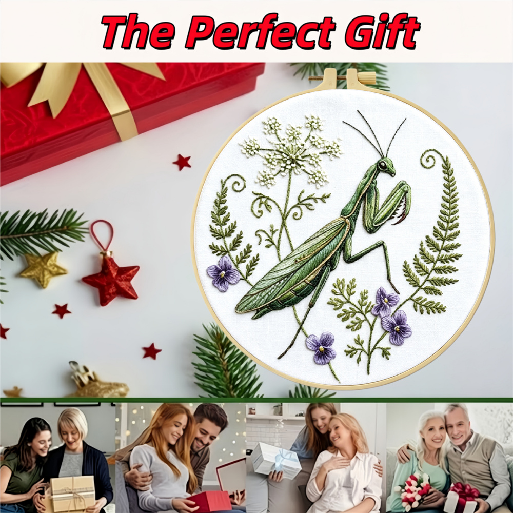 Mantis Insect Grass Pattern Handmade Embroidery Kit