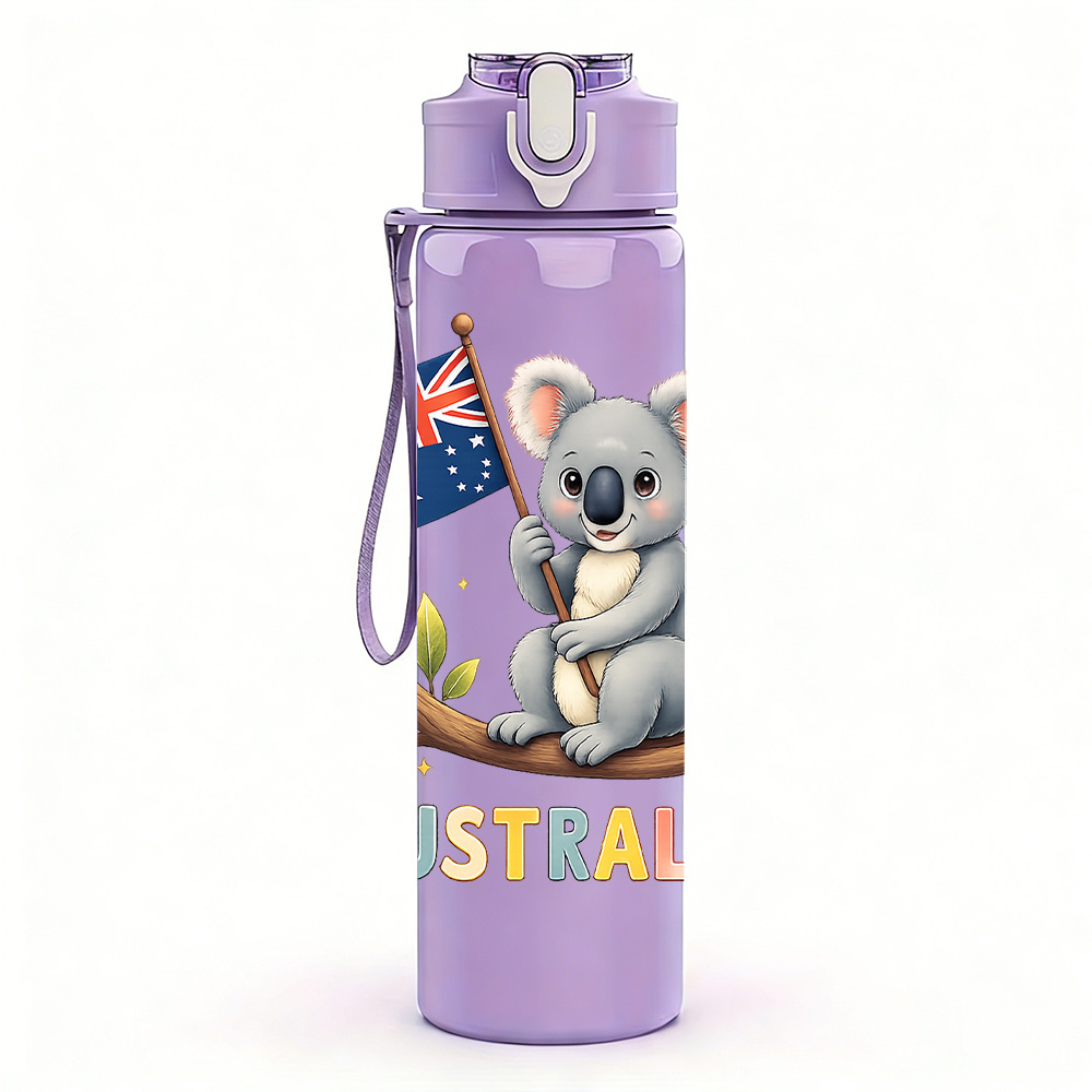 TEMU 1pc Australian Flag Koala Pattern 750ml Colorful Plastic Sports Water Bottle, Leak-proof With Pop-up Lid, Ideal For Outdoor Sports, Running,