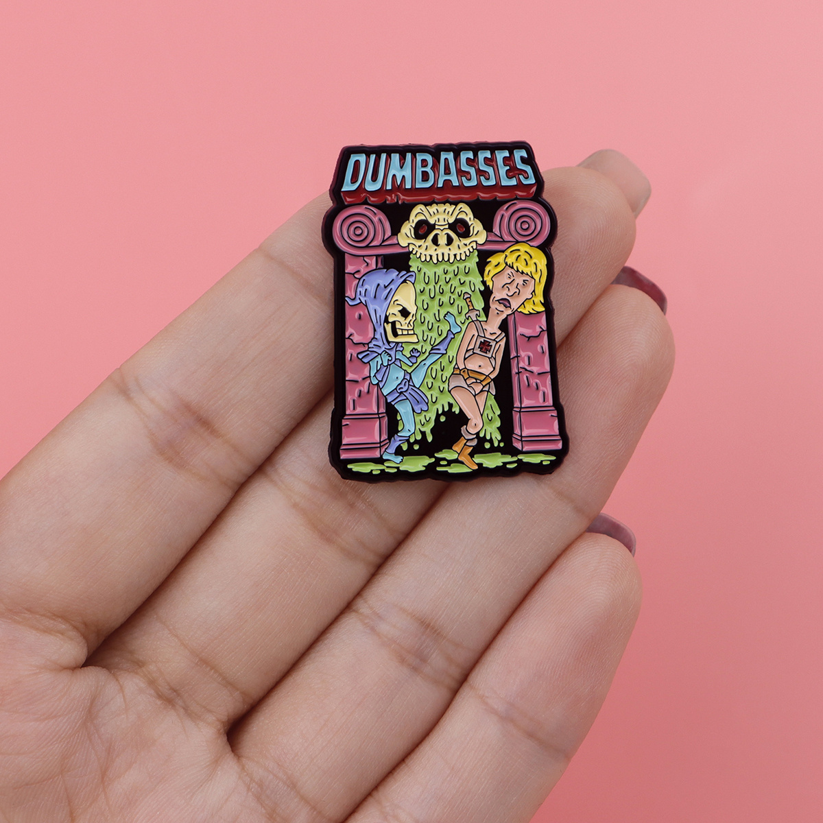 

1pc Dmlsky "dumbasss" Cartoon Enamel Pin - Vibrant Skeleton And Female Character Brooch, Alloy Lapel Badge For Backpacks, Unique Gift Accessory