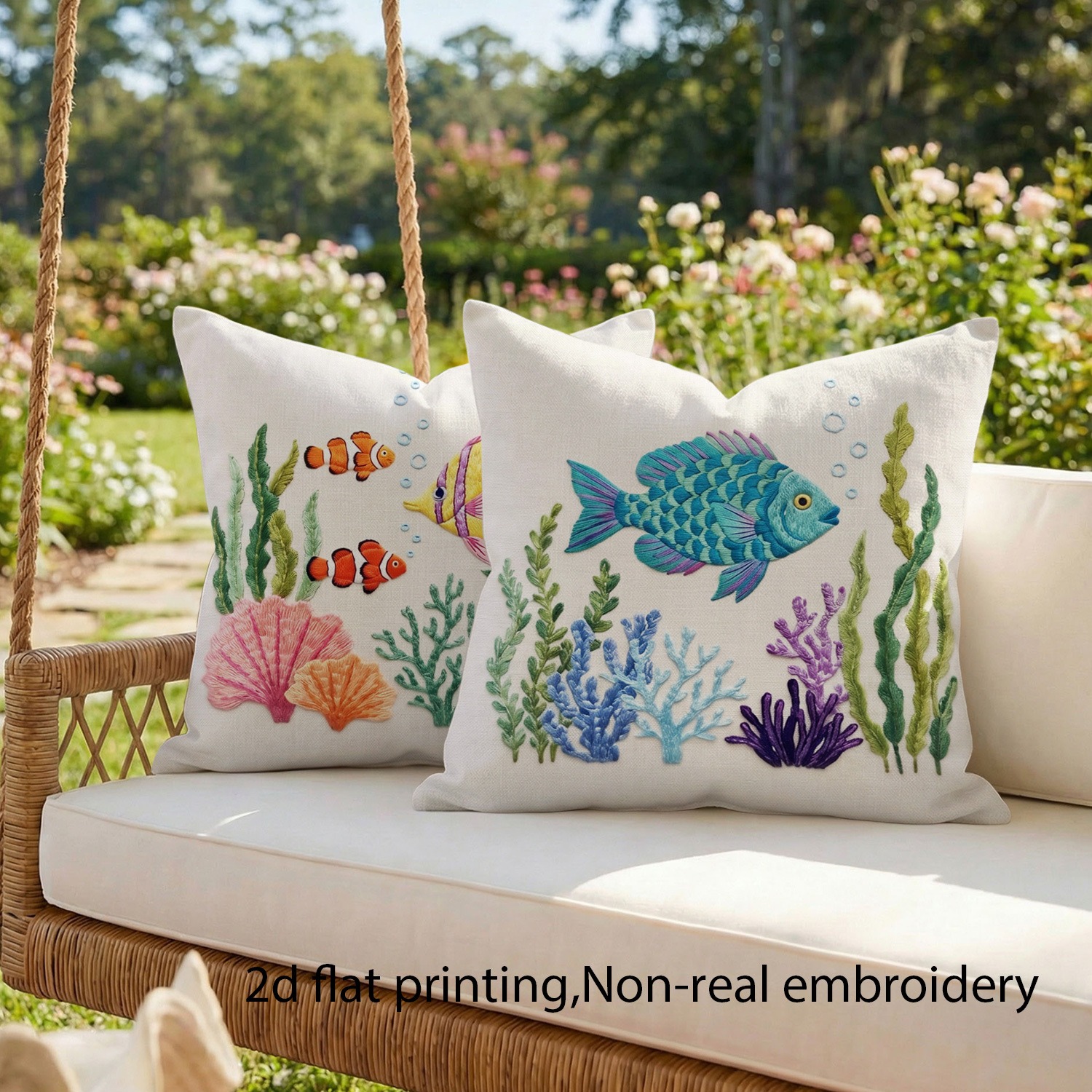 TEMU Lot de 2 housses de coussin 2D à poissons tropicaux imprimés à plat, adaptées pour chambre, canapé, salon - Taies d'oreiller contemporaines de