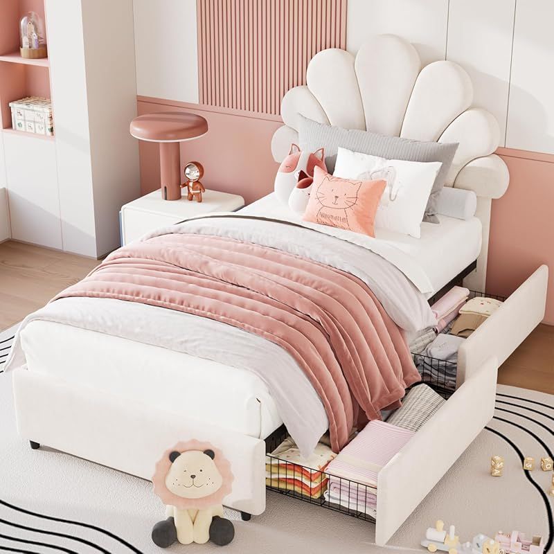 Twin Size Bed Frame for Bedroom - Platform Bed with Headboard, 2 Storage Drawers, Slat Support, No Box Spring Needed, Easy Assembly(Bed Frame Only)