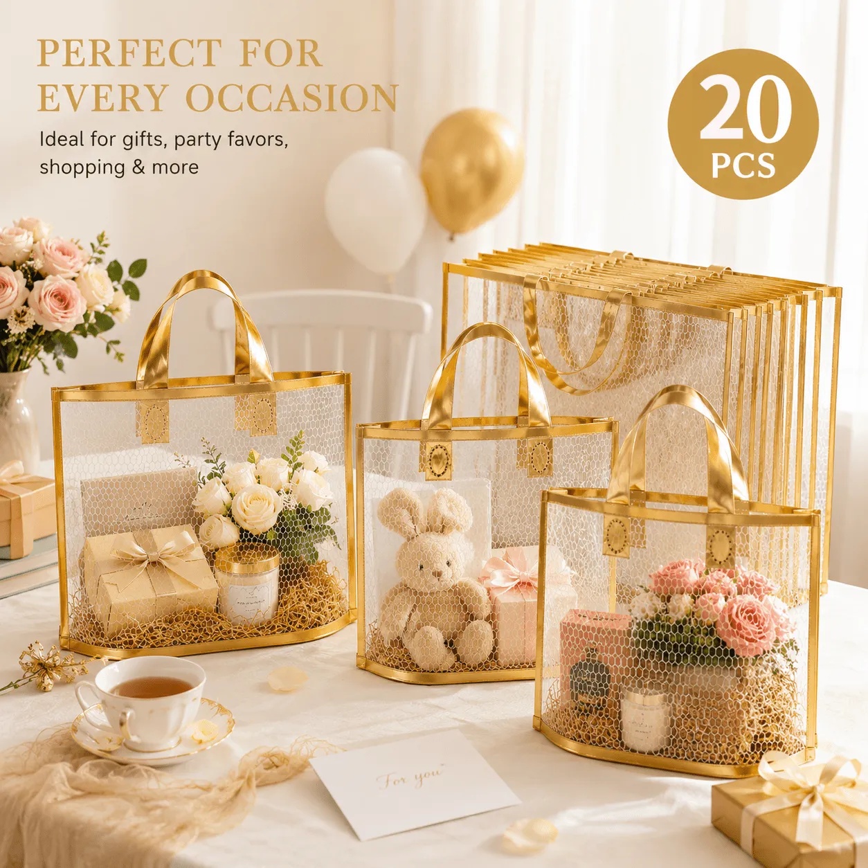 TEMU 20 bolsas de malla transparente tipo tote, bolsas de regalo comerciales con de malla - Multiusos para tiendas minoristas, decoraciones para