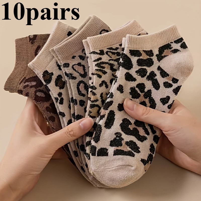 TEMU 10 Paires de Chaussettes Femme Imprimé Léopard, Chaussettes Basses Décontractées et Mignonnes, Chaussettes Tendance Douces et Respirantes,