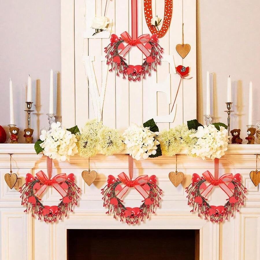 4pcs Valentine's Day Heart Wreath Artificial Red Berries Heart Wreath Kitchen Cabinet Wreaths Hanging Valentines Day Wreaths For Front Door Window Wedding Birthday Home