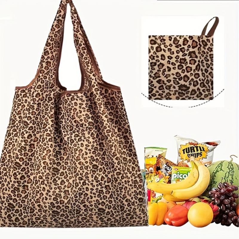 Bolso Tote de Gran Capacidad con Estampado de Leopardo para Mujer - Espacioso, Resistente Bolso de Compras de Poliéster en Marrón, Diseño Plegable Adecuado para Uso Diario, Año Nuevo, Viajes, Asas Resistentes, Accesorio de Moda, Perfecto para Compras de San Valentín