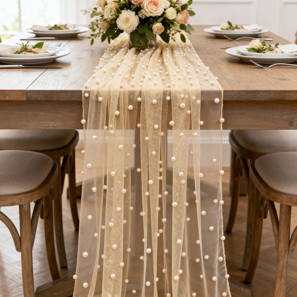 TEMU 1 pz Elegante runner da a rete con perle , articolo decorativo per l' della stagione dei matrimoni, tessuto in poliestere qualit�, e resistente,