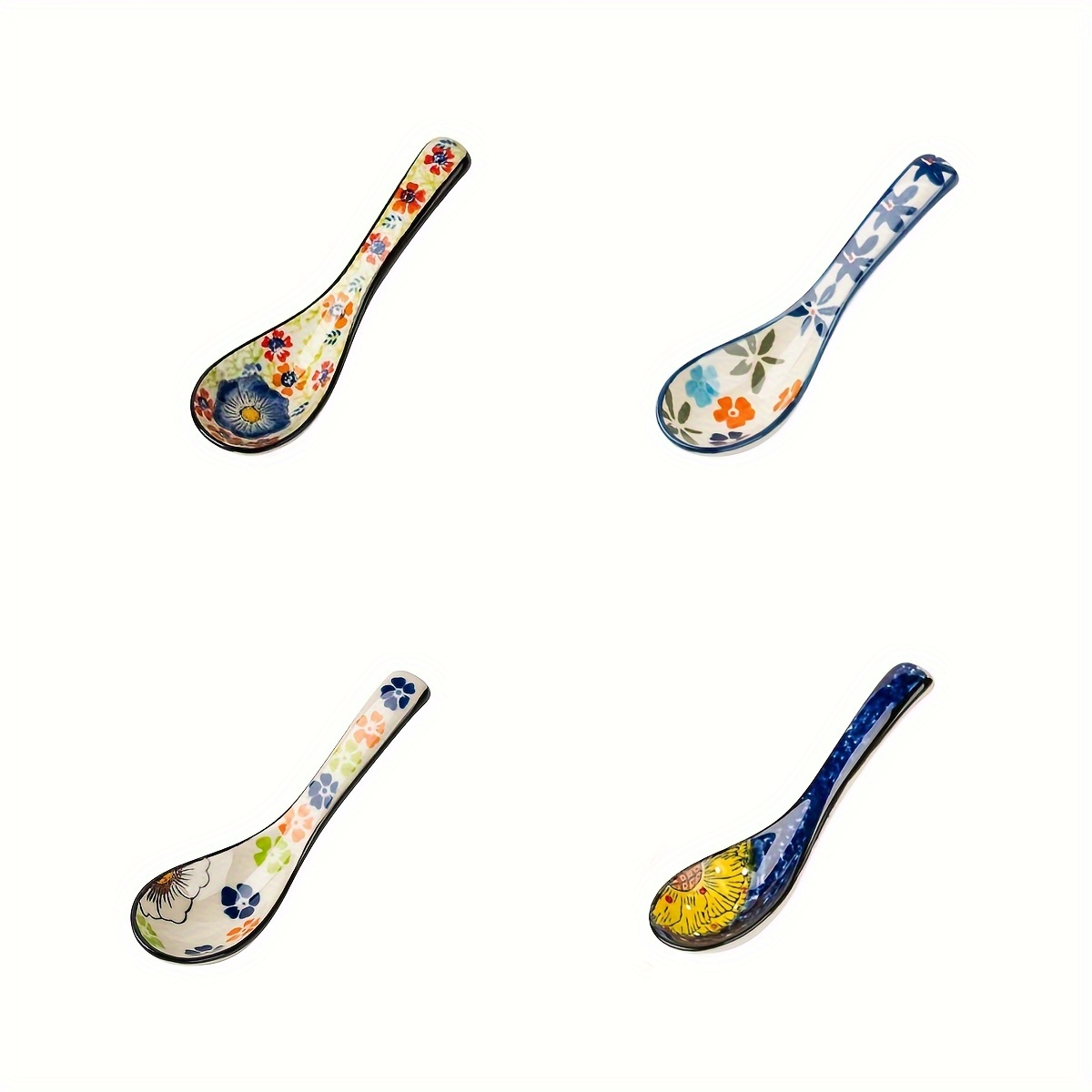 4pcs Bohemian Ceramic Spoon Set, Large Home-size Soup Spoon, Ramen Spoon, Spoon, Dumpling Spoon, Ceramic Spoon, Ceramic Spoon Set, Soup Spoon, Traditional Hand-painted