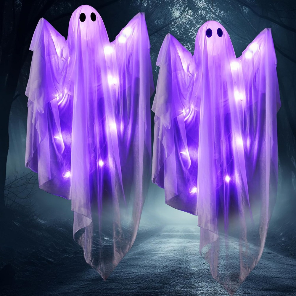 TEMU 35.5'' Halloween Decoration With Purple Led Lights For Outdoor Use, Set Of 2 White Hanging For Haunted House Props, Party Supplies, And Front