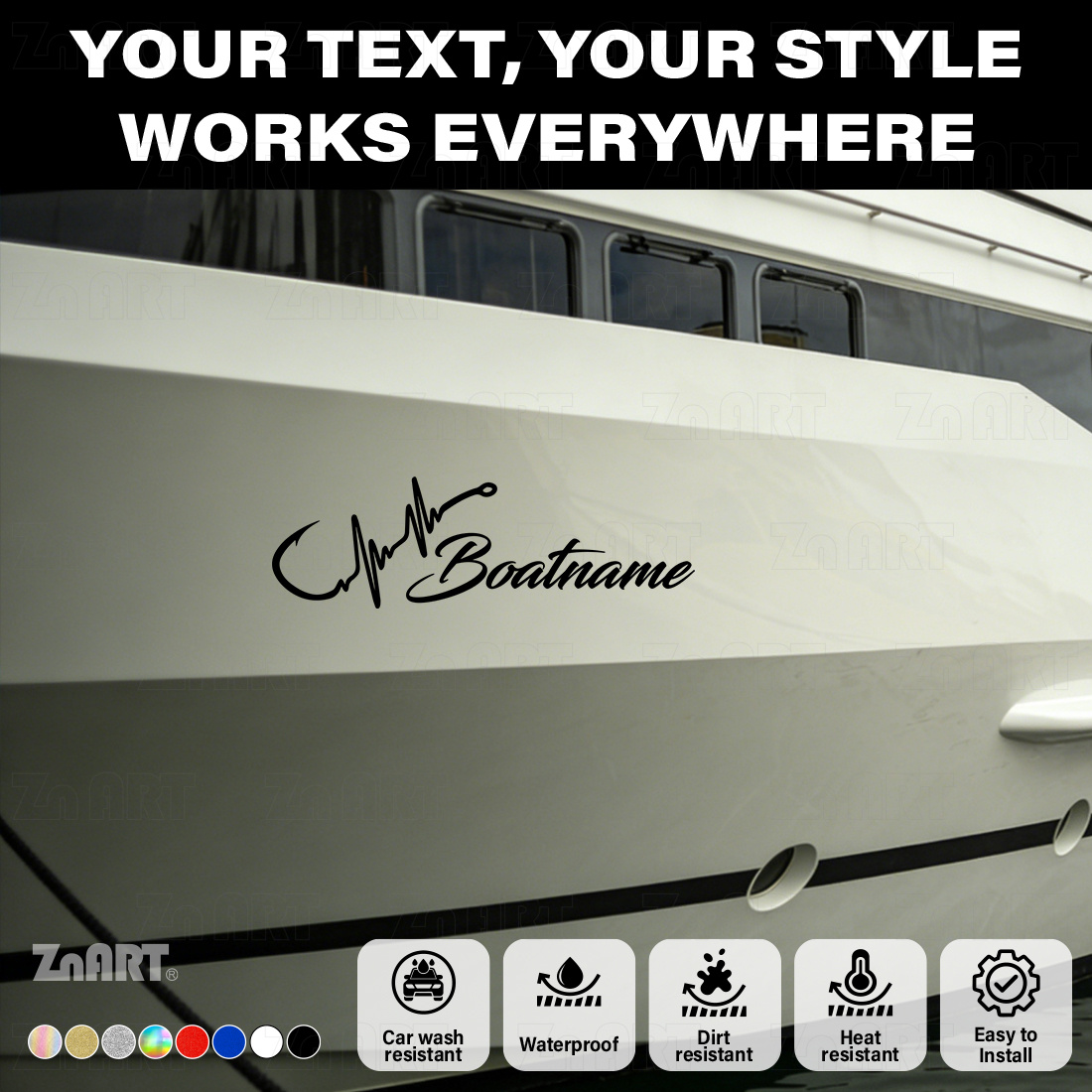Custom Fish Hook Heartbeat Marine-Grade Reflective Boat Name Sticker