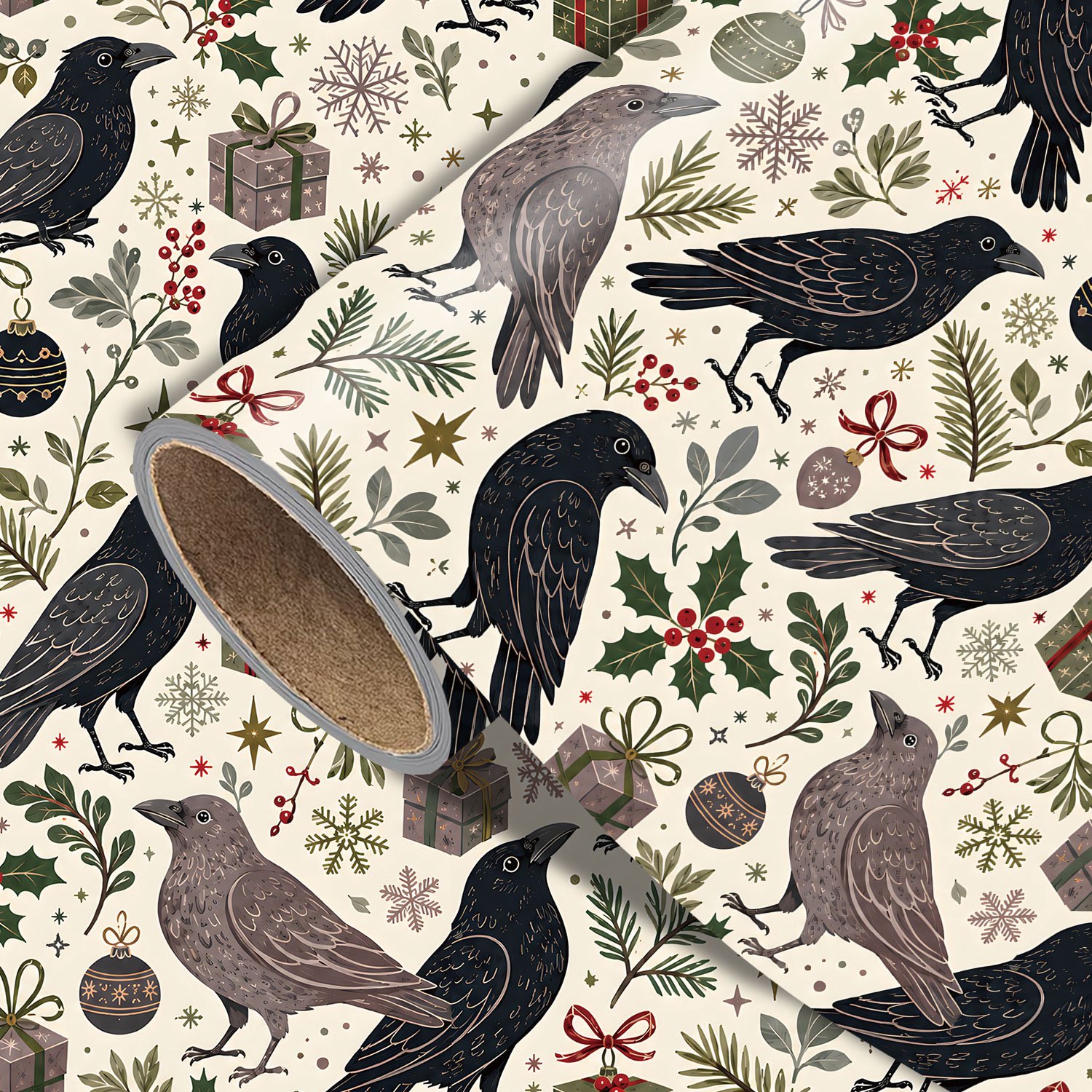 TEMU Rouleau de de Noël Vintage - 17.7 X 118 pouces, Papier d'emballage cadeau rustique avec corbeaux noirs, branches de pin, de houx, décorations de