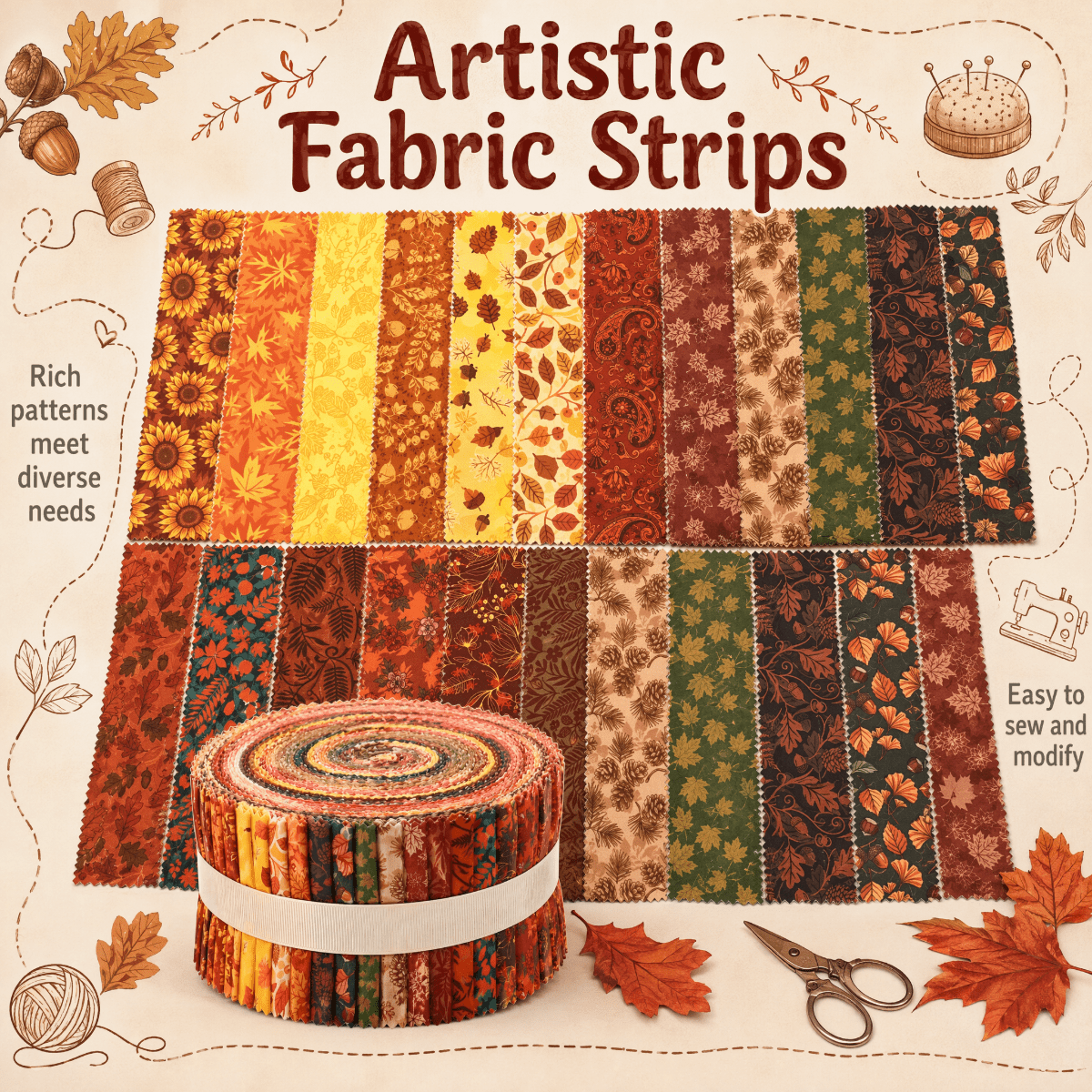 TEMU Tissu d'automne, bandes de tissu prédécoupées pour courtepointe | Bandes de 2,5 x 19,7”, lot de 40 pièces avec 20 floraux, tissu à toile, pour
