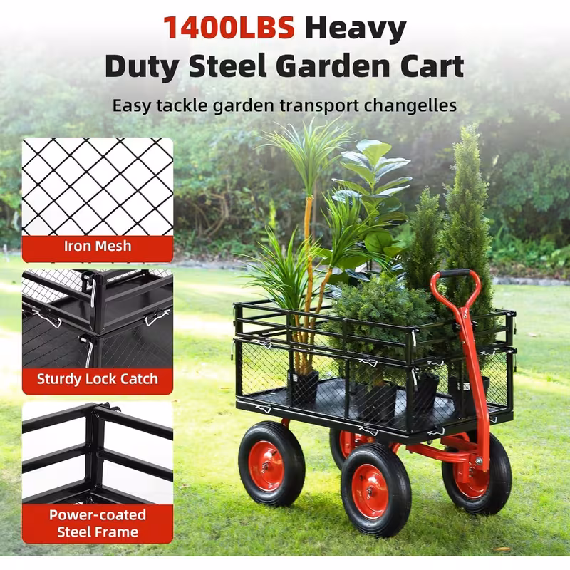 heavy duty garden utility cart metal dump wagon with removable sides and 180 rotating handle yard garden cart on wheels for outdoor Product details 2