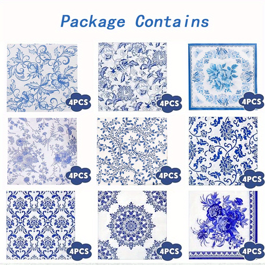 E-shop Set mit 36 Decoupage Servietten in 9 verschiedenen Stilen, mit verschiedenen Blumendesigns. Diese Chinoiserie Cocktailpapiere sind für