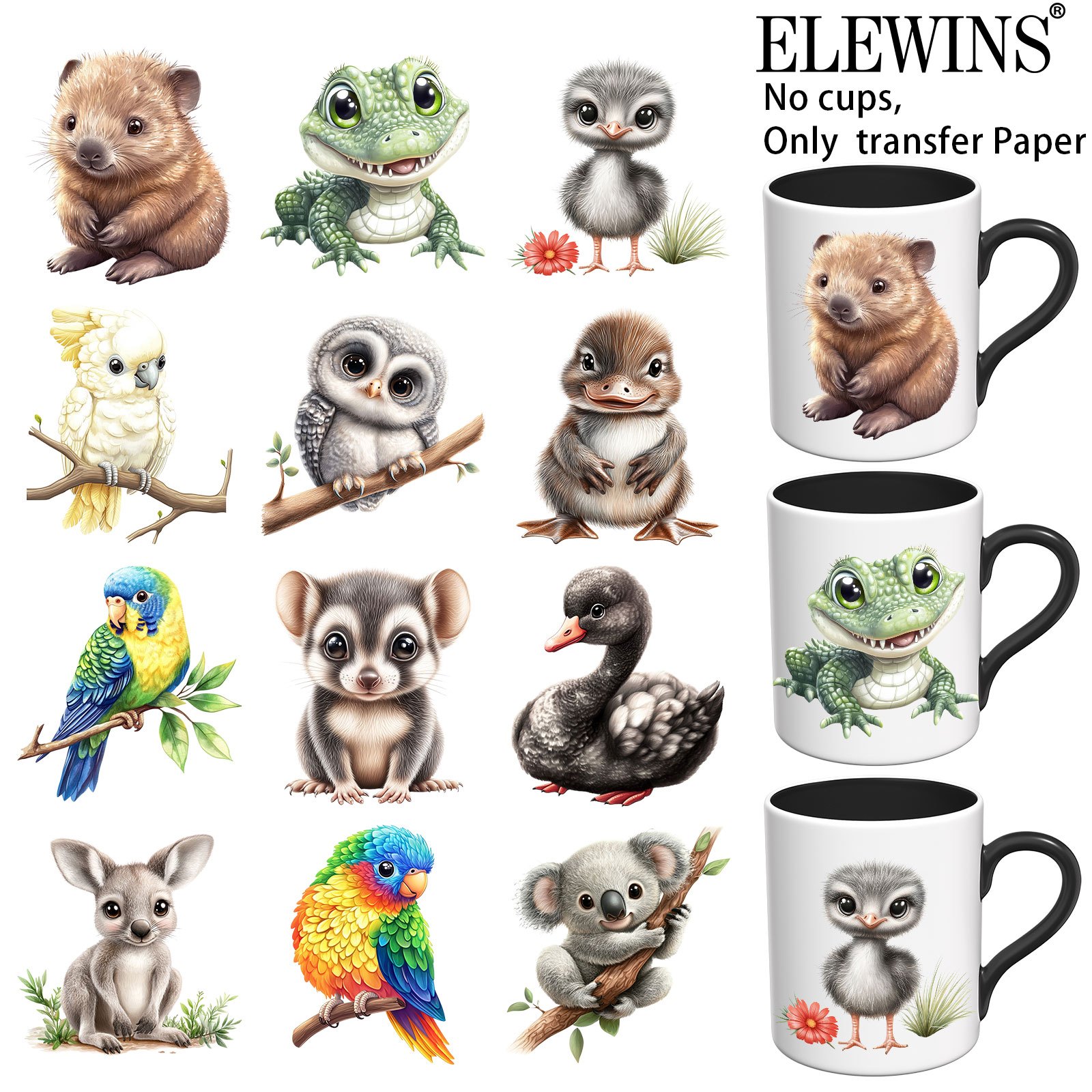 TEMU Set Of 12 Cute Australian Animal Uv Dtf Mug Kits - Personalized Cup Body Decoration Transfer Paper, Aesthetic Cup | Waterproof Material, Durable