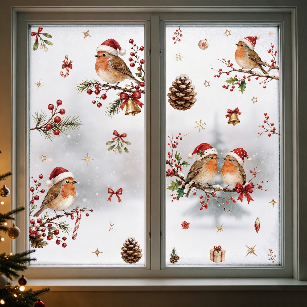 TEMU 2d Flat, 2d Flat Christmas Static Window Cling, 2pcs Design With Christmas Branch Birds, Pine & Red Berries, Reusable, Double-sided , Xmas Party