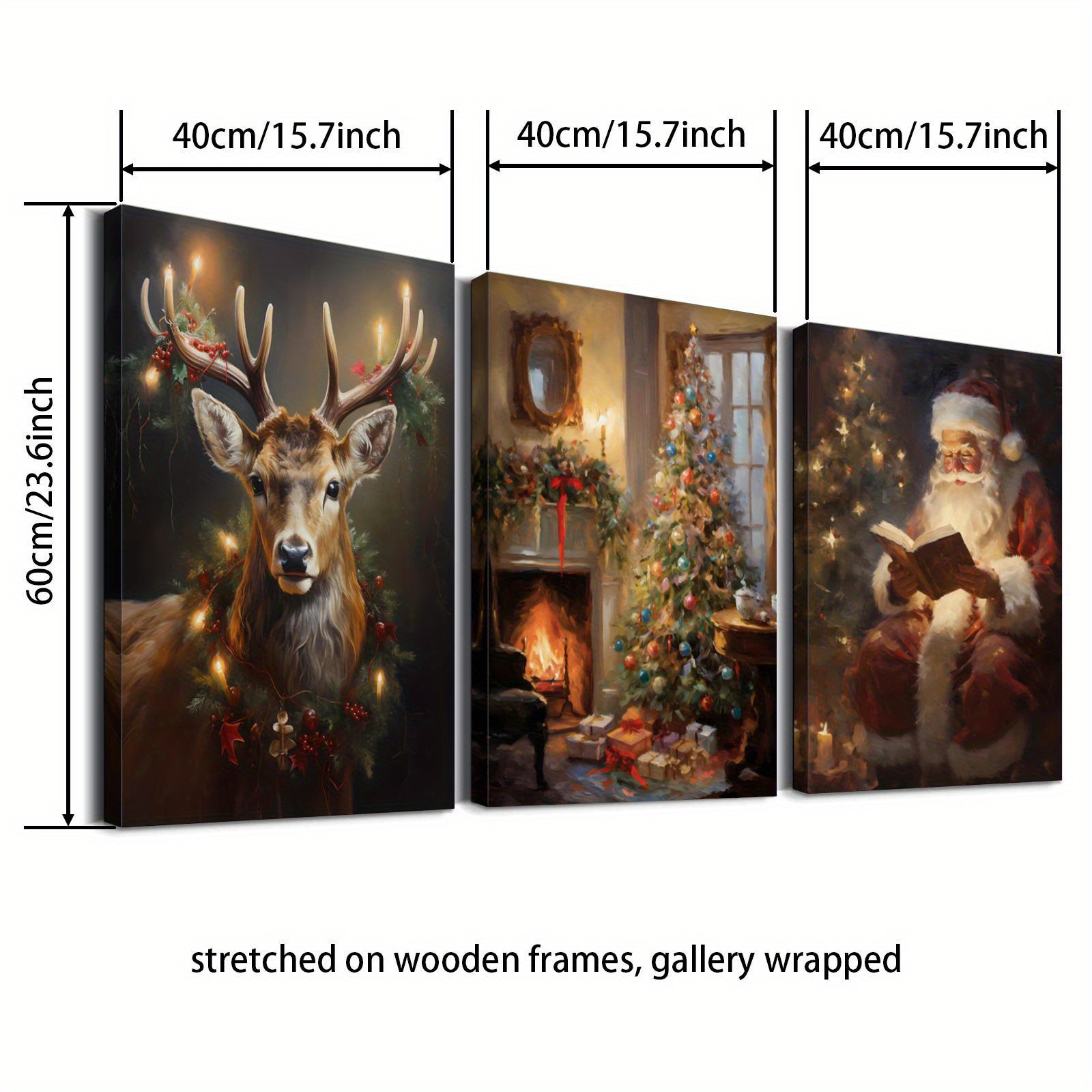 TEMU 2d Flat3pcs Wooden Frame Canvas Printing Decorative Paintings, Christmas Tree And Reading Santa Claus, Christmas Decorative Paintings, Reindeer,