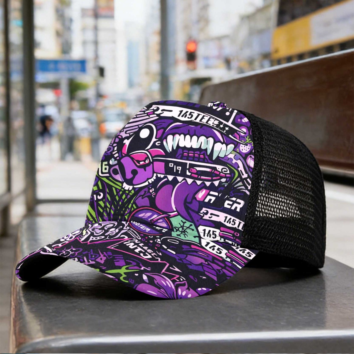 TEMU 1pc Adjustable Snapback Cap With Cyber Graffiti Design - Lightweight Breathable Duckbill Hat, Round Top & Curved Brim, Semi-mesh Panel Suitable